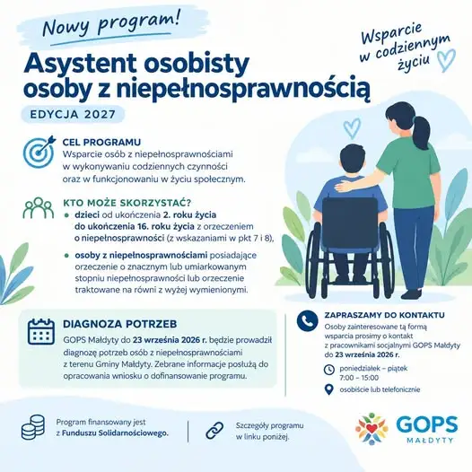 Asystent osobisty osoby z niepełnosprawnością – edycja 2027. GOPS w Małdytach zbiera zgłoszenia