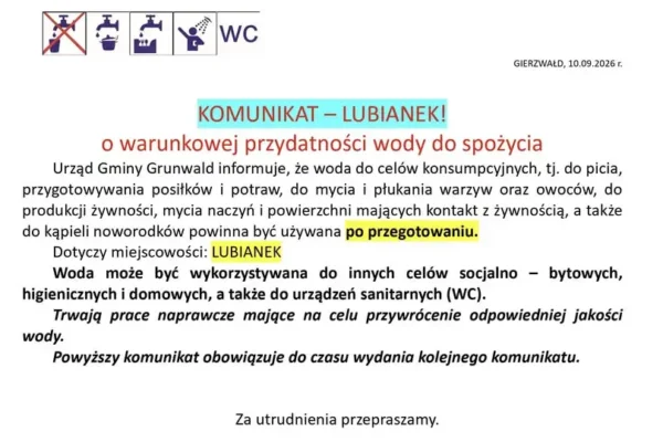 Gmina Grunwald: woda warunkowo przydatna do spożycia. Trwają prace naprawcze