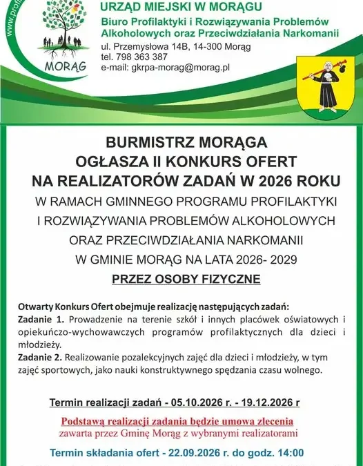 Morąg: 43 tys. zł na profilaktykę uzależnień – rusza II konkurs ofert dla osób fizycznych