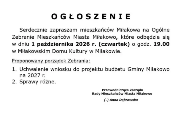 Zebranie mieszkańców Miłakowa – 1 października 2026