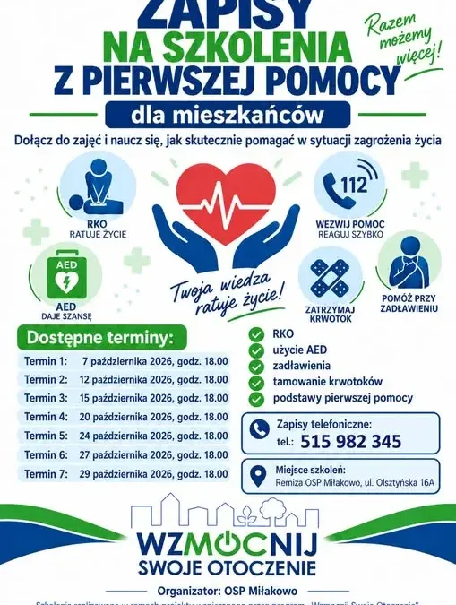 OSP Miłakowo zaprasza na bezpłatne szkolenia z pierwszej pomocy