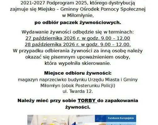 Paczki żywnościowe dla mieszkańców Miłomłyna – odbiór 27 i 28 października