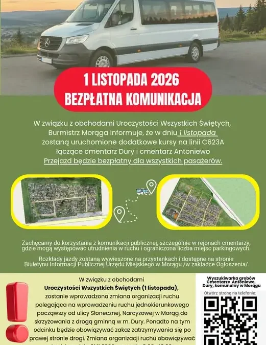 Wszystkich Świętych w Morągu: darmowa komunikacja i zmiany w ruchu