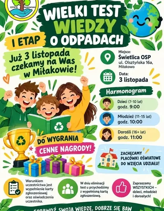Wielki Test Wiedzy o Odpadach w Miłakowie – sprawdź się już 3 listopada